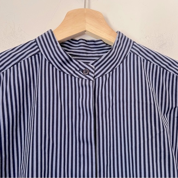 Lafayette 148 Asymmetrical Stripe Button Down Contemporary Shirt Blues M - Picture 2 of 10
